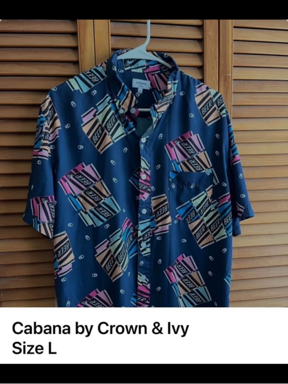 crown & ivy Navy Short-Sleeve Button-Up with Multicolor Beer Can Print